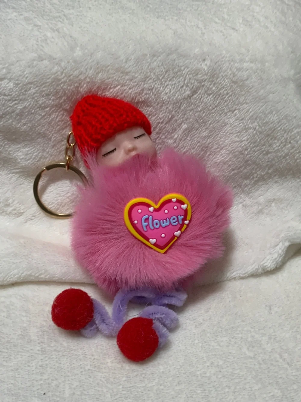 Cute Pink Pom-Pom Kids Keychain with Red Hat Doll